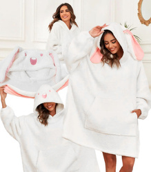 BLUZOKOC BIAŁY Z USZAMI PONCZO BLUZA Z KAPTUREM KRÓLIK KIESZEŃ KANGUR POLAR OVERSIZE 100% POLIESTER DLA MŁODZIEŻY DOROSŁYCH
