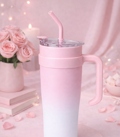 KUBEK TERMICZNY RÓŻOWO-BIAŁY 1200 ML BIDON DUŻY DO SAMOCHODU TERMOS ZE SŁOMKĄ KUBEK PODRÓŻNY TERMOS WIELOKROTNEGO UŻYTKU