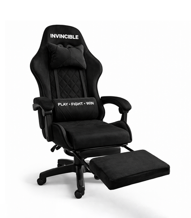 FOTEL GAMINGOWY CZARNY ZAMSZOWY Z PODNÓŻKIEM BIUROWY WYSOKI REGULOWANY ERGONOMYCZNY NOWOCZESNY OBROTOWY METALOWA RAMA DLA GRACZA DZIECI MŁODZIEŻY