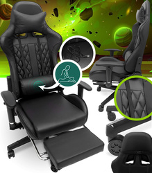 FOTEL GAMINGOWY Z PODNÓŻKIEM CZARNY KUBEŁKOWY PIKOWANY BIUROWY MASAŻER GRACZA OBROTOWY NOWOCZESNY DLA GRACZA