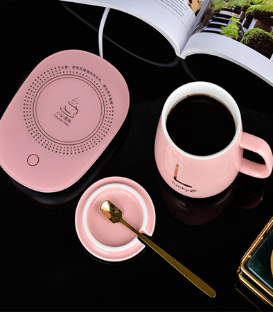 PODGRZEWACZ DO KUBKA ZESTAW CERAMICZY ZASILANY PREZENTOWY ŁYŻKA WIECZKO KUBEK DO HERBATY KAWY