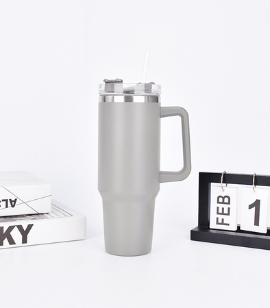 KUBEK TERMICZNY TERMOS ZE SŁOMKĄ SZARY STAL NIERDZEWNA UCHWYT NA CIEPŁE ZIMNE NAPOJE RURKA DUŻY XXL 1200 ML