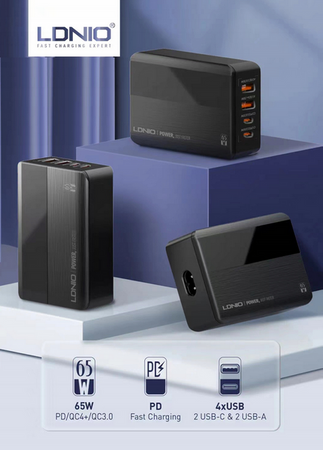 Ładowarka zasilacz 65W 4x USB TYP C PD QC LCD LED