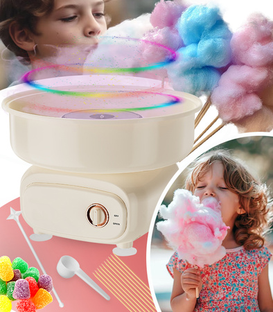 MASZYNA DO WATY CUKROWEJ ŻÓŁTA URZĄDZENIE ELEKTRYCZNE DOMOWE DO ROBIENIA WATY DO ZABAWY DLA DZIECI DOROSŁYCH MIARKA PATYCZKI MIESZADŁO NA PRZYJĘCIA IMPREZY