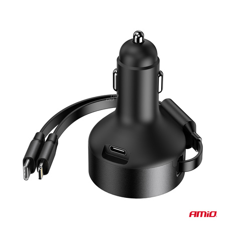 Ładowarka samochodowa ze zwijanym kablem typ C + lightning iPhone + USB-C 12V 24V 60W AMIO-04370