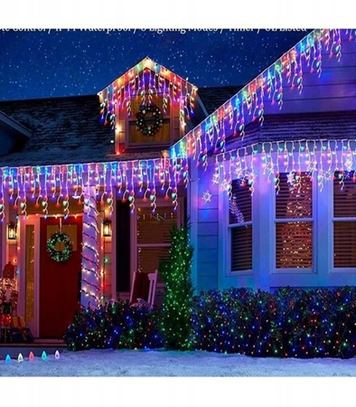 LAMPKI ZEWNĘTRZNE SOPLE 300 LED ZIMNA BIEL 12M EFEKT FLASH KURTYNA GIRLANDA OŚWIETLENIE ŚWIĄTECZNE