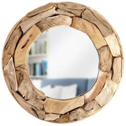 Oglinda rotunda in cadru din lemn natural, oglinda de baie suspendata de perete pentru living 51 cm