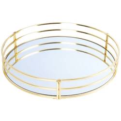 Tava pentru lumanari, suport rotund in oglinda pentru lumanari, farfurie glamour din metal auriu, 30 cm