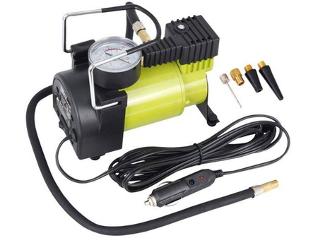 Kompresor powietrza tłokowy 12V, 11 BAR, 35L / min, analogowy ciśnieniomierz, 4 adaptery