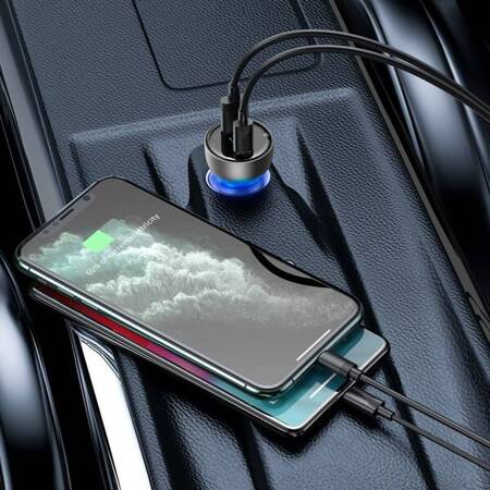 Ładowarka samochodowa Baseus Particular Digital Display z wyświetlaczem, USB + USB-C, QC3.0+PD, 5A, 65W srebrna