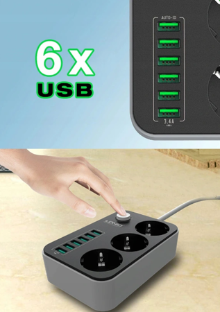 Listwa zasilająca 3 Gniazda + 6x szybkie ładowanie USB Przedłużacz