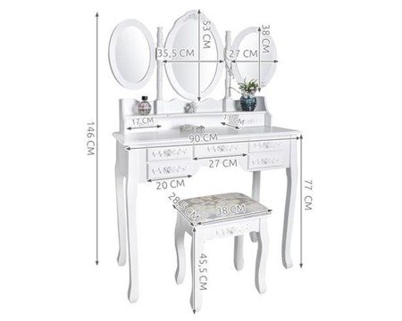 Toaletka kosmetyczna taboret obrotowe lustra biała